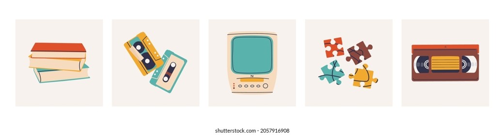 Cute trendy illustrations - stack of books, audio and video cassettes, a TV with a video recorder, puzzles. Set of vector isolated elements for retro design.