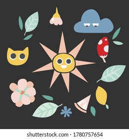 Jolies illustrations tendance de soleil, chat, fleurs, nuages et feuilles. Des illustrations abstraites modernes et mignonnes pour les enfants . Formes souriantes