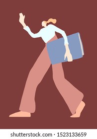 cute trendy isometric girl with a disproportionate figure walking and holding a book. flat woman cartoon design. 