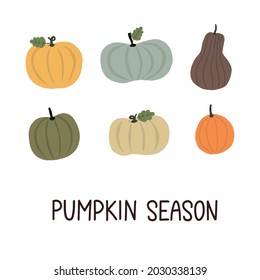 Cute trendy minimalistic thanksgiving card. Pumpkin season hand sketched lettering decorated by hand drawn pumpkins of different sizes and shapes.