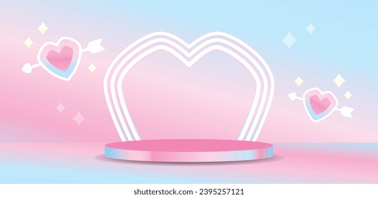 cute trendy modern style heart shape arch display stage with lovely heart and arrow graphic element on sweet pastel gradient background 3d illustration vector for putting product or object