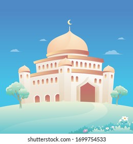 Cute und trendige Moschee Illustration, Vektorillustration Landschaftsbild von Eid Al Adha, Ramadan Mubarak. geeignet für Flyer, Poster, Banner, Grußkarte, Einladungskarte etc.