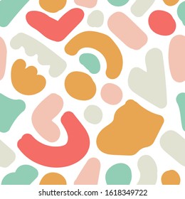 Cute trendy motley seamless pattern with abstract nature elements shape blots on white background, vector illustration in simple flat style, ideal for wrapping paper, wallpaper, fabrics, backdrop etc