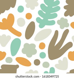 Cute trendy motley seamless pattern with abstract nature elements shape blots on white background, vector illustration in simple flat style, ideal for wrapping paper, wallpaper, fabrics, backdrop etc