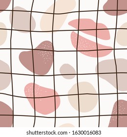 Cute trendy motley seamless pattern with abstract nature shape blots on white background, vector illustration in simple flat style, ideal for wrapping paper, wallpaper, fabrics, backdrop.