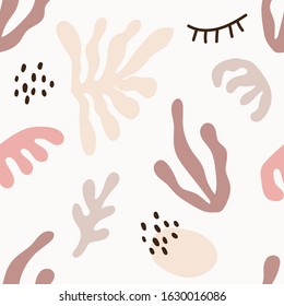 Cute trendy motley seamless pattern with abstract nature shape blots on white background, vector illustration in simple flat style, ideal for wrapping paper, wallpaper, fabrics, backdrop.