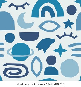 Cute trendy motley seamless pattern with abstract nature elements shape blots on white background, vector illustration in simple flat style, ideal for wrapping paper, wallpaper, fabrics, backdrop etc