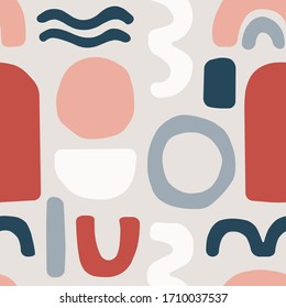 Cute trendy motley seamless pattern with abstract organic shapes nature elements, vector illustration in simple flat style, ideal for wrapping paper, wallpaper, fabrics, backdrop etc