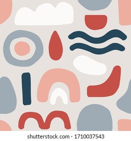 Cute trendy motley seamless pattern with abstract organic shapes nature elements, vector illustration in simple flat style, ideal for wrapping paper, wallpaper, fabrics, backdrop etc