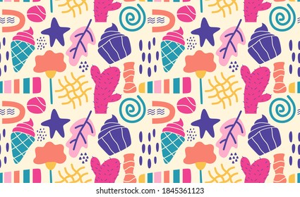 Patrón de moda suave y suave con formas orgánicas abstractas elementos de la naturaleza, ilustración vectorial en estilo plano simple