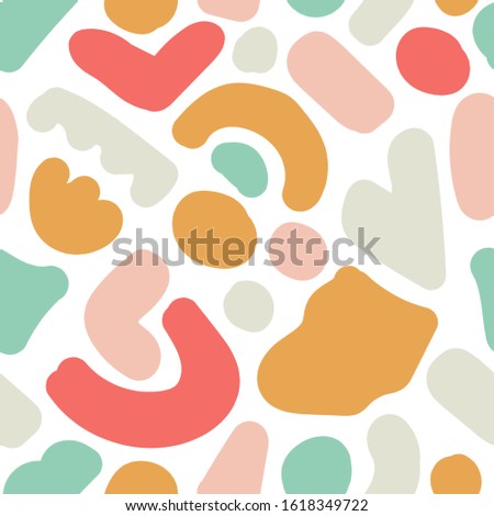 Cute trendy motley seamless pattern with abstract nature elements shape blots on white background, vector illustration in simple flat style, ideal for wrapping paper, wallpaper, fabrics, backdrop etc