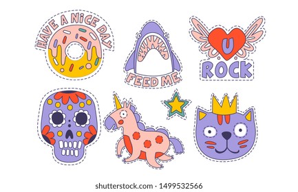 Cute Trendy Patches Set, Colorful Childish Stickers Appliques Vector Illustration