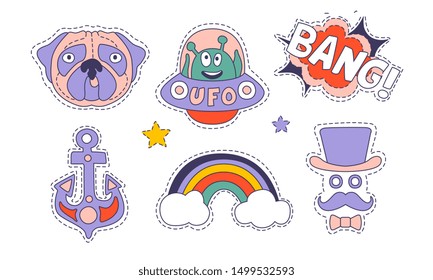 Cute Trendy Patches Set, Colorful Stickers Appliques Vector Illustration