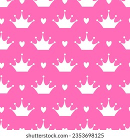 Cute trendy pink seamless pattern with crown and hearts. Beautiful girly wallpaper in the style of Pinkcore. Vector.