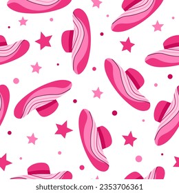 Cute trendy pink seamless pattern with hat and stars. Beautiful girly wallpaper in Pinkcore style. Vector.
