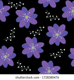 Cute trendy purple flower with white wildflowers seamless pattern on black background