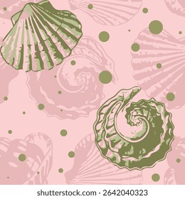 Cute, trendy sea shells seamless vector pattern. Aesthetic nautical themed pattern ideas for home decor, textile, banner, poster, postcard, wall paper, laminates, gift wrapping.