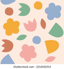Cute trendy seamless pattern with abstract nature elements  on beige background. Colorful hand drawn organic shapes,doodles and elements. For textiles, wrapping paper, gift paper.