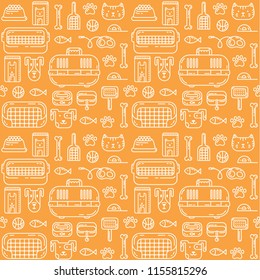 Cute trendy seamless pattern with doodle line art icons - food, toys, goods for care and so on. The pattern is ideal for a pet shop.