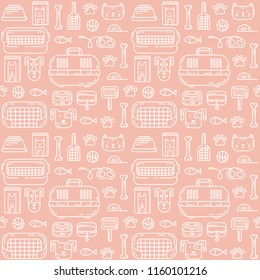 Cute trendy seamless pattern with doodle line art icons - food, toys, goods for care and so on. The pattern is ideal for a pet shop.
