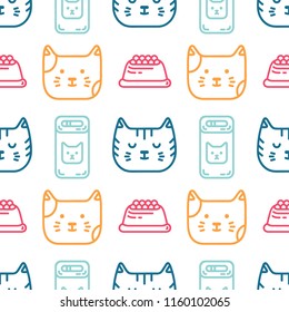 Cute trendy seamless pattern with doodle line art icons of cats. The pattern is ideal for a pet shop.