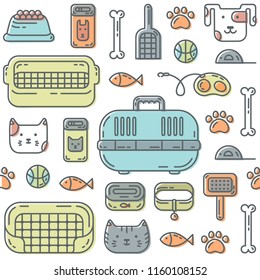 Cute trendy seamless pattern with doodle line art icons - food, toys, goods for care and so on. The pattern is ideal for a pet shop.