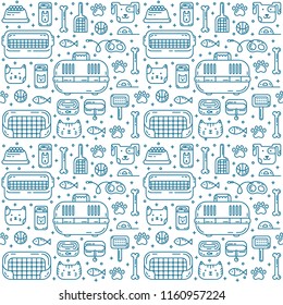 Cute trendy seamless pattern with doodle line art icons - food, toys, goods for care and so on. The pattern is ideal for a pet shop.