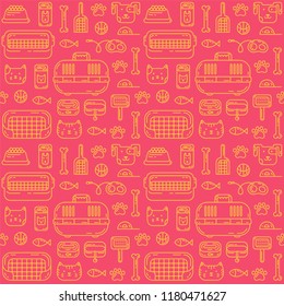 Cute trendy seamless pattern with doodle line art icons - food, toys, goods for care and so on. The pattern is ideal for a pet shop.