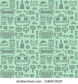 Cute trendy seamless pattern with doodle line art icons - food, toys, goods for care and so on. The pattern is ideal for a pet shop.