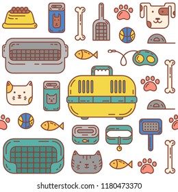 Cute trendy seamless pattern with doodle line art icons - food, toys, goods for care and so on. The pattern is ideal for a pet shop.