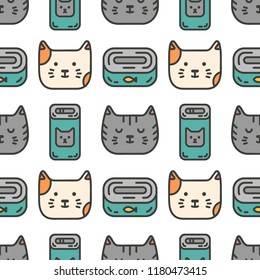Cute trendy seamless pattern with doodle line art icons of cats. The pattern is ideal for a pet shop.