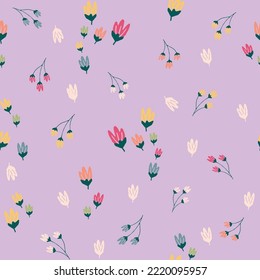 Cute, trendy, seamless, print spaced out, conversational pattern, colorful spaced out, random, fading doodle flowers, stems, petals, clusters