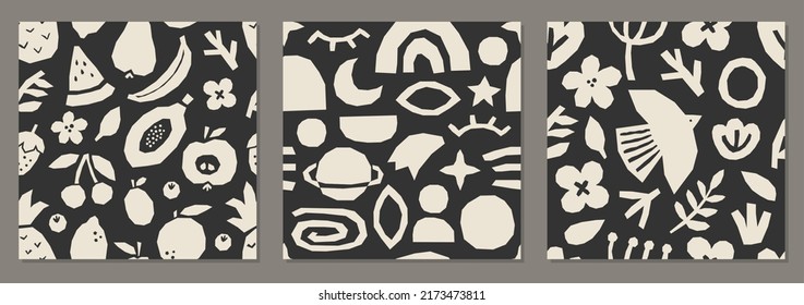 Cute trendy set of seamless patterns with abstract collage of organic shapes