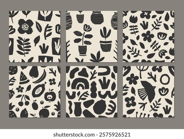 Cute trendy set of seamless patterns with abstract collage of organic shapes