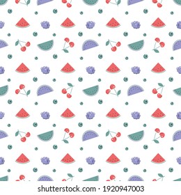 Primavera moderna o veraniego sin fisuras con cerezas, frambuesas y sandías. Impresión delgada para textiles, papel envolvente y diseño. Ilustración plana del vector