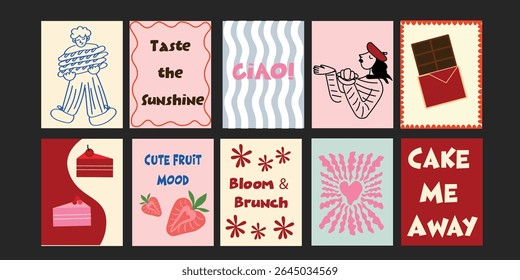 Cute Trendy summer designs combining fun typography with delicious produce – strawberries, tomatoes, broccoli, and more – ideal for social media or poster templates.

