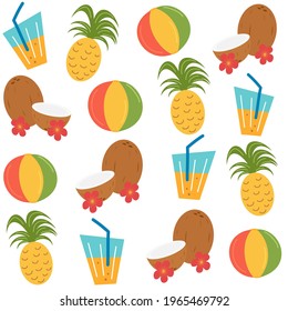 cute trendy summertime seamless vector pattern background illustration with tropical cocktail, pineapples, coconuts and hibiscus flowers