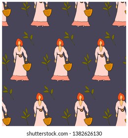 Cute trendy texture pattern with fashion woman. Female flat cartoon characters isolated. Contemporary doodle hand drawn vector