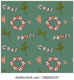 Cute trendy texture pattern with flowers, botanic elements and phrase-power. Female flat cartoon characters isolated. Contemporary doodle hand drawn vector