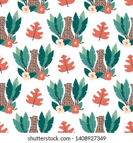 cute trendy tropical summer seamless vector pattern background illustration wih leopard, flowers and leaves