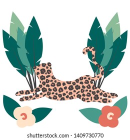 cute trendy tropical summer vector card wih leopard, flowers and leaves