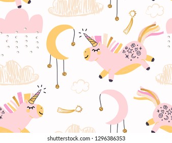 Cute trendy unicorn pattern for kids. Vector illustration. Modern style pattern template for fabric, wrapping, textile.