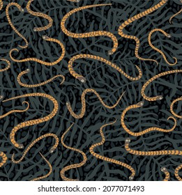 
Cute and trendy vector seamless pattern with hand drawn snakes and palm leaves and tropical plants. Botanical and animalistic ornament for printing on fabrics and paper