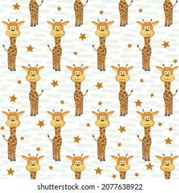 Cute and trendy vector seamless pattern with hand drawn giraffes. Animalistic ornament for printing on fabrics and paper. African animals with long necks.