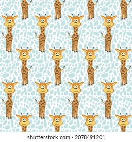 Cute and trendy vector seamless pattern with hand drawn giraffes. Animalistic ornament for printing on fabrics and paper. African animals with long necks.