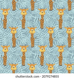 Cute and trendy vector seamless pattern with hand drawn giraffes. Animalistic ornament for printing on fabrics and paper. African animals with long necks.