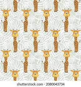 Cute and trendy vector seamless pattern with hand drawn giraffes. Animalistic ornament for printing on fabrics and paper. African animals with long necks.