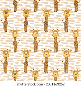 Cute and trendy vector seamless pattern with hand drawn giraffes. Animalistic ornament for printing on fabrics and paper. African animals with long necks.