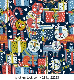 Cute and trendy vector seamless pattern with decorative drawn cats and gift boxes for birthday, new year, valentine's day and other holidays.