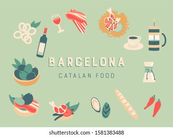 Cute trendy vintage cartoon illustration of Catalan cuisine. Hand drawn food symbols of Barcelona: jamon, wine, calamari rings, coffee, olives, tapas sandwiches, oysters, shrimps, paella